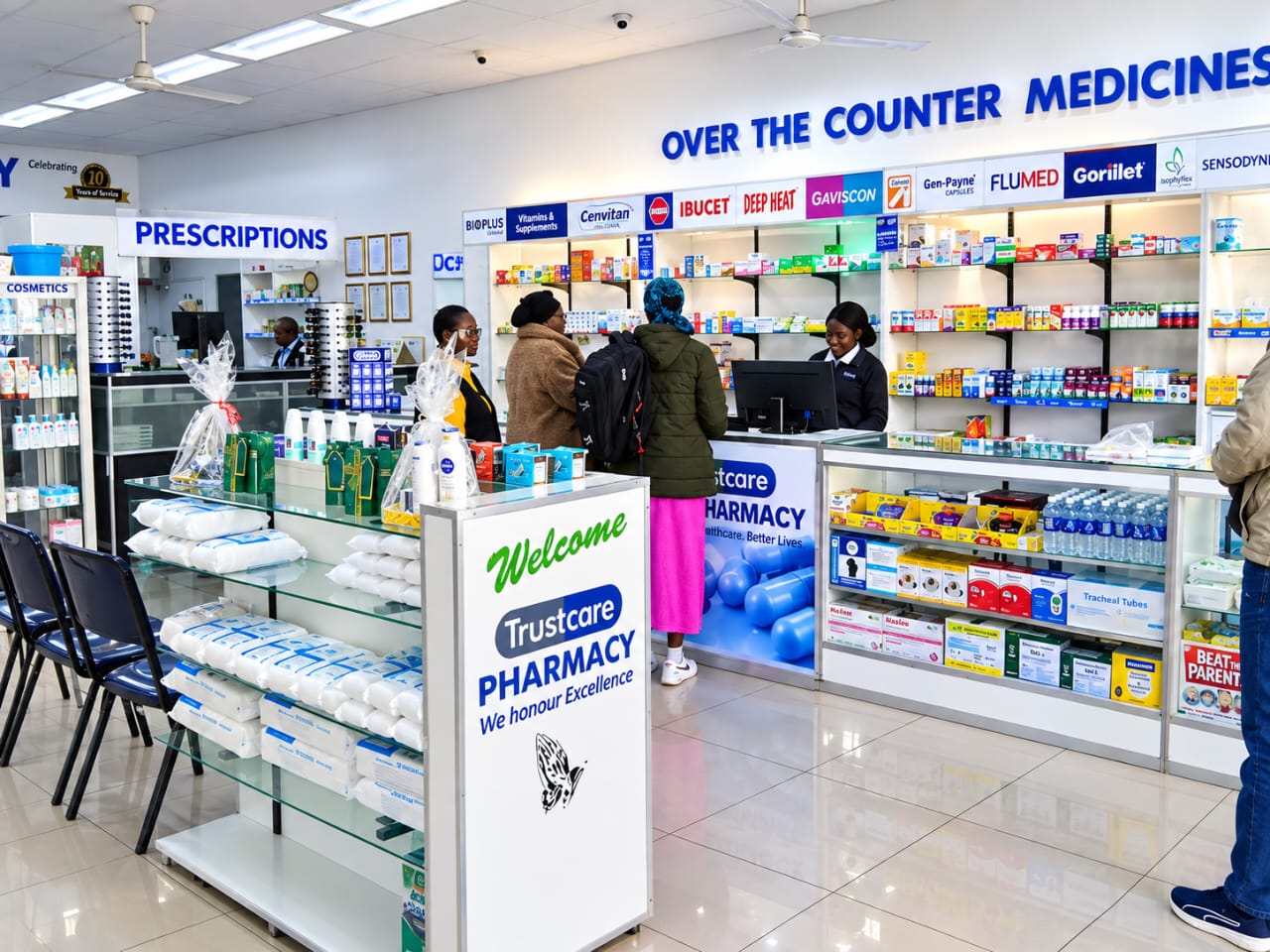 Inside Trustcare Pharmacies — pharmacist counter and healthcare products